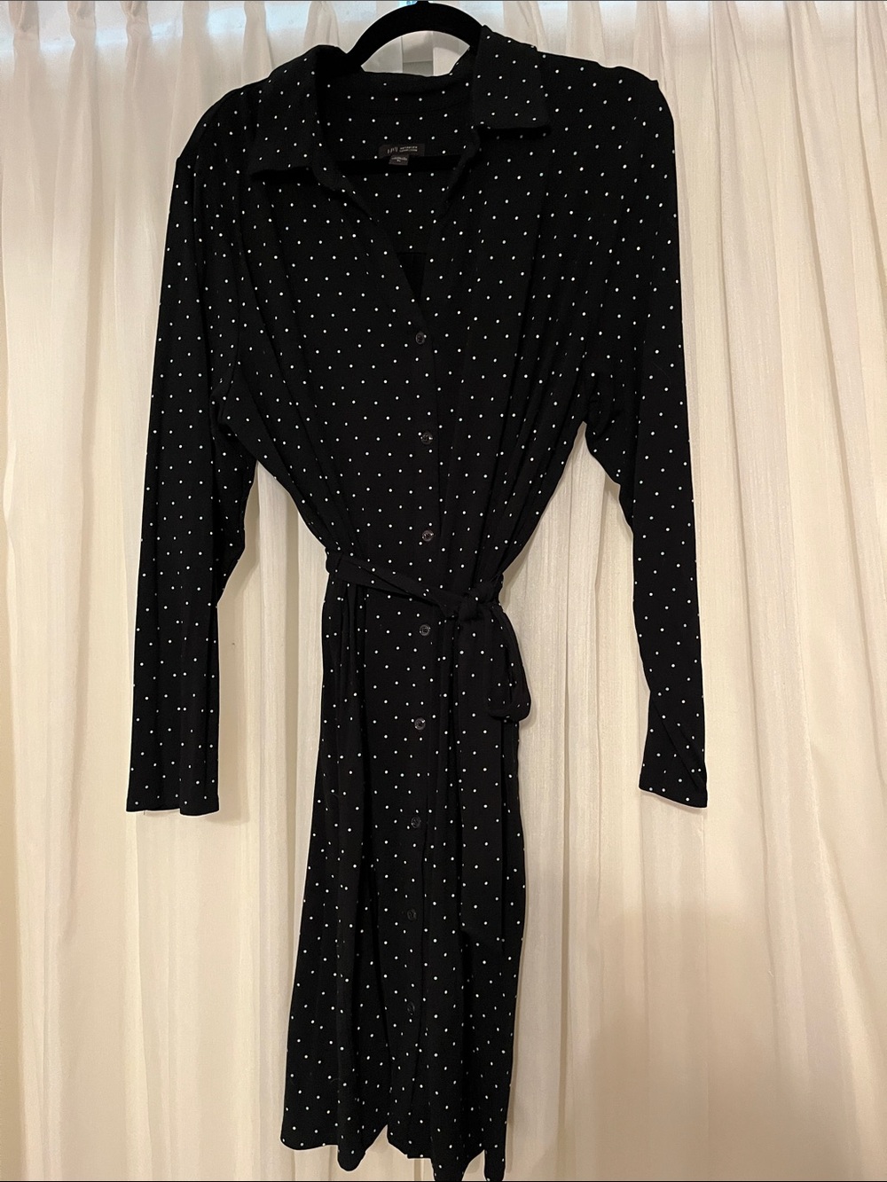 Long Sleeve Black Polka Dot Shirt Dress with Tie Waist